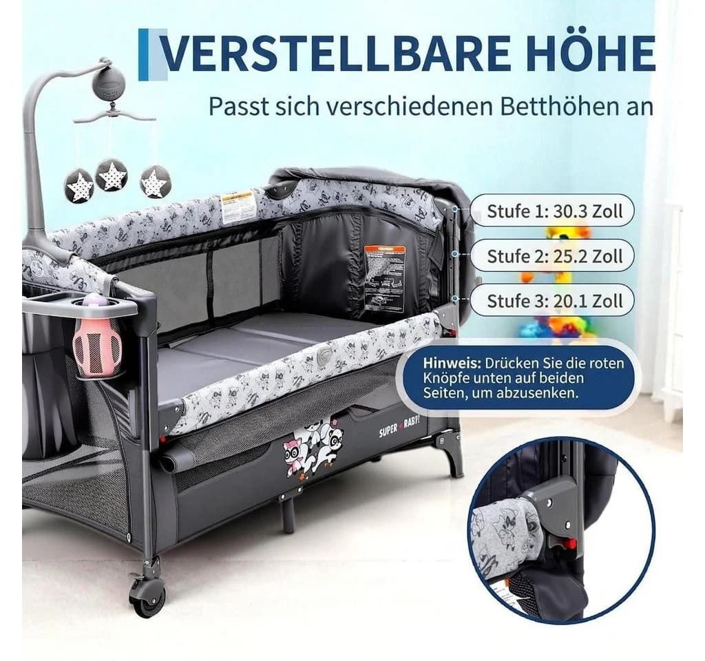 GarveeMore Babybett 5-in-1 Reisebett, faltbares Babybett für Babys mit Wickeltisch, Wiegefunktion, Hängespielzeug, 4 verstellbaren Höhen