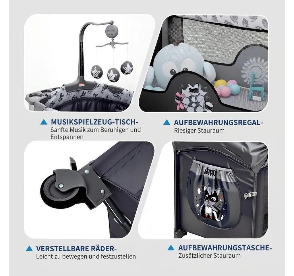 GarveeMore Babybett 5-in-1 Reisebett, faltbares Babybett für Babys mit Wickeltisch, Wiegefunktion, Hängespielzeug, 4 verstellbaren Höhen - Bild 5