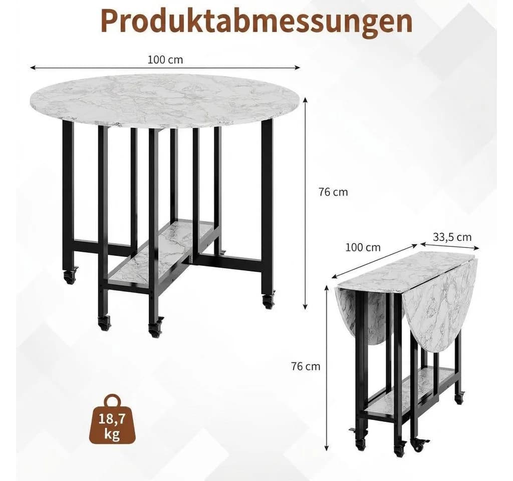 GarveeMore Runder Klapptisch Grau mit Rollen