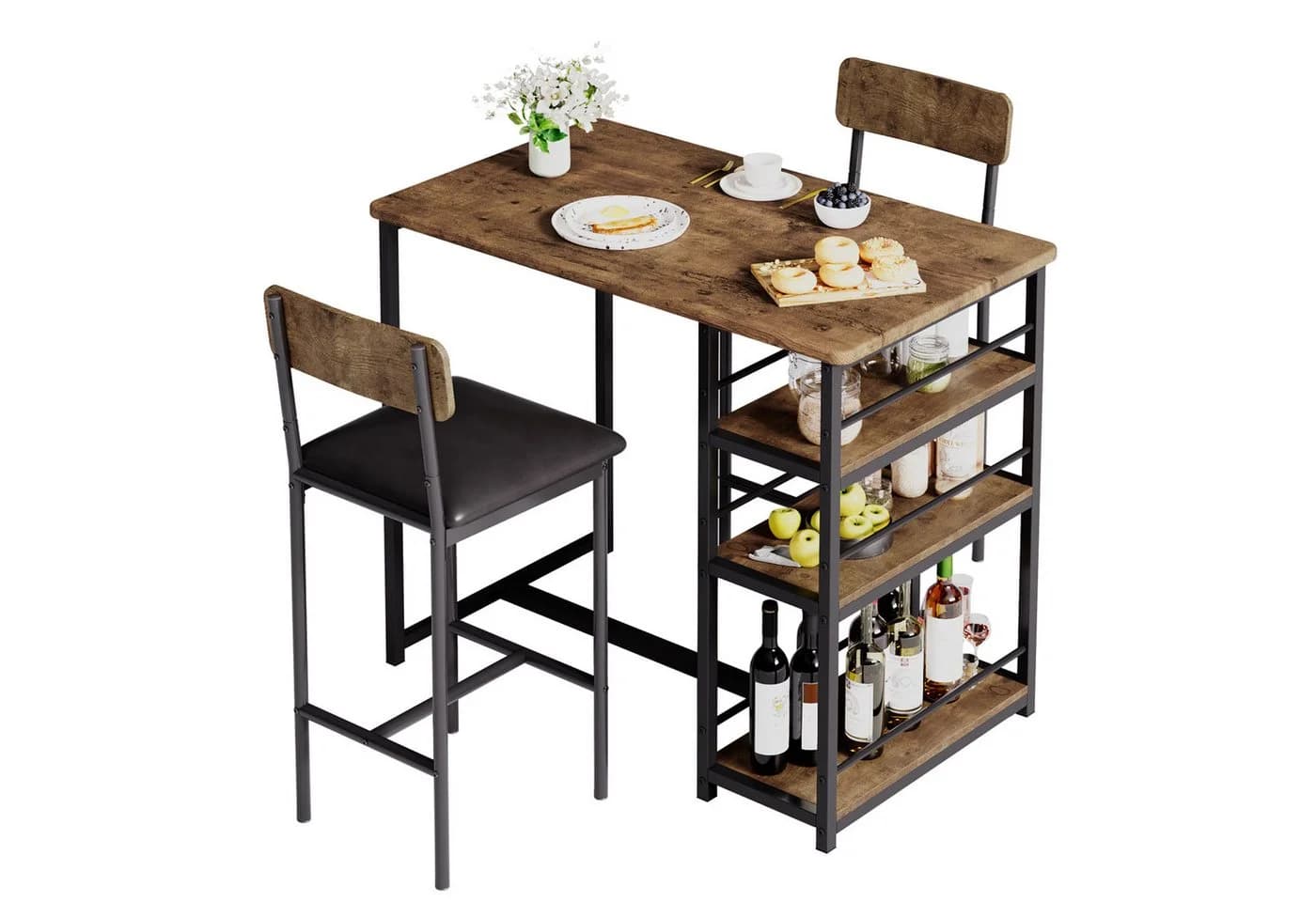 GarveeMore Esstisch-Set mit 2 Barhockern und Regal, Braun Metall - Bild 2