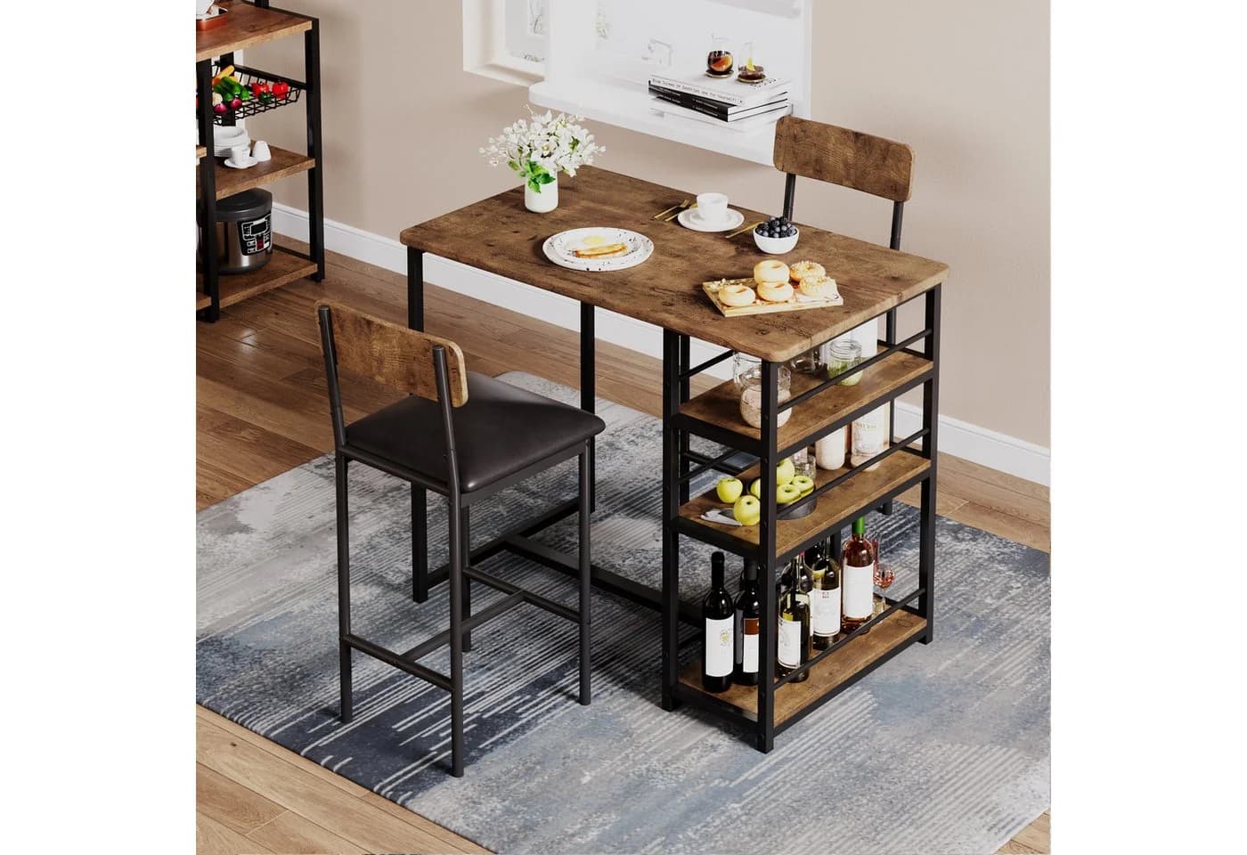 GarveeMore Esstisch-Set mit 2 Barhockern und Regal, Braun Metall - Bild 3