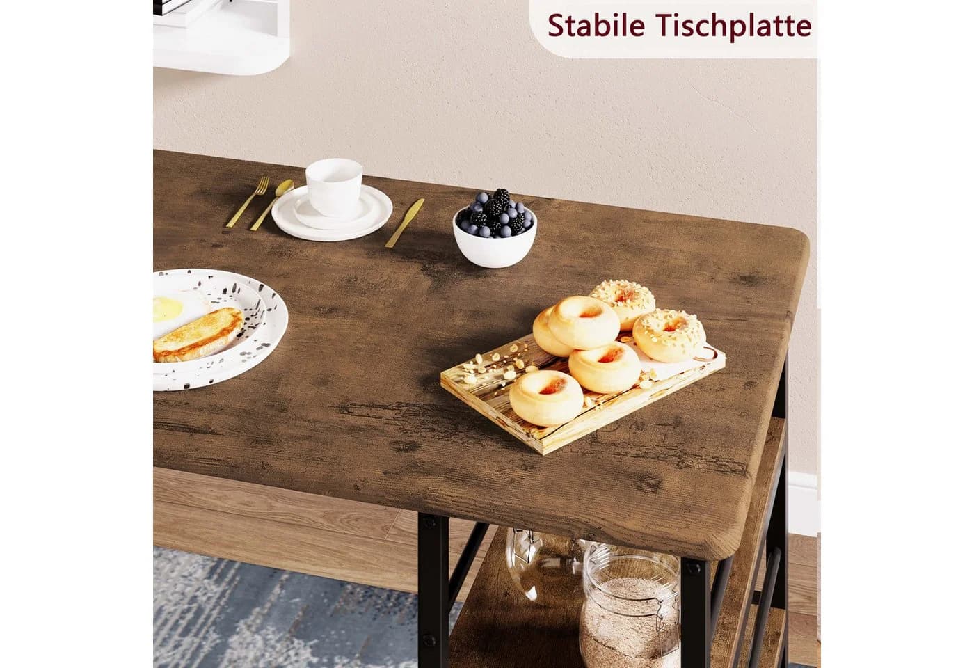 GarveeMore Esstisch-Set mit 2 Barhockern und Regal, Braun Metall - Bild 5