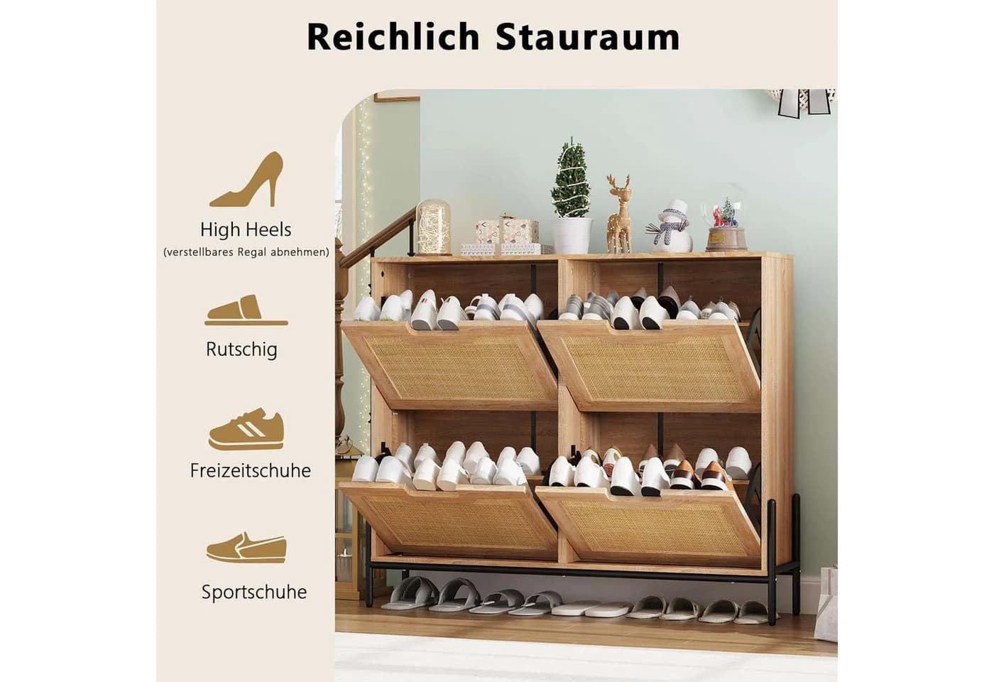 GarveeMore Schuhschrank mit 4 Klappen und 8 Ablageflächen Braun - Bild 3