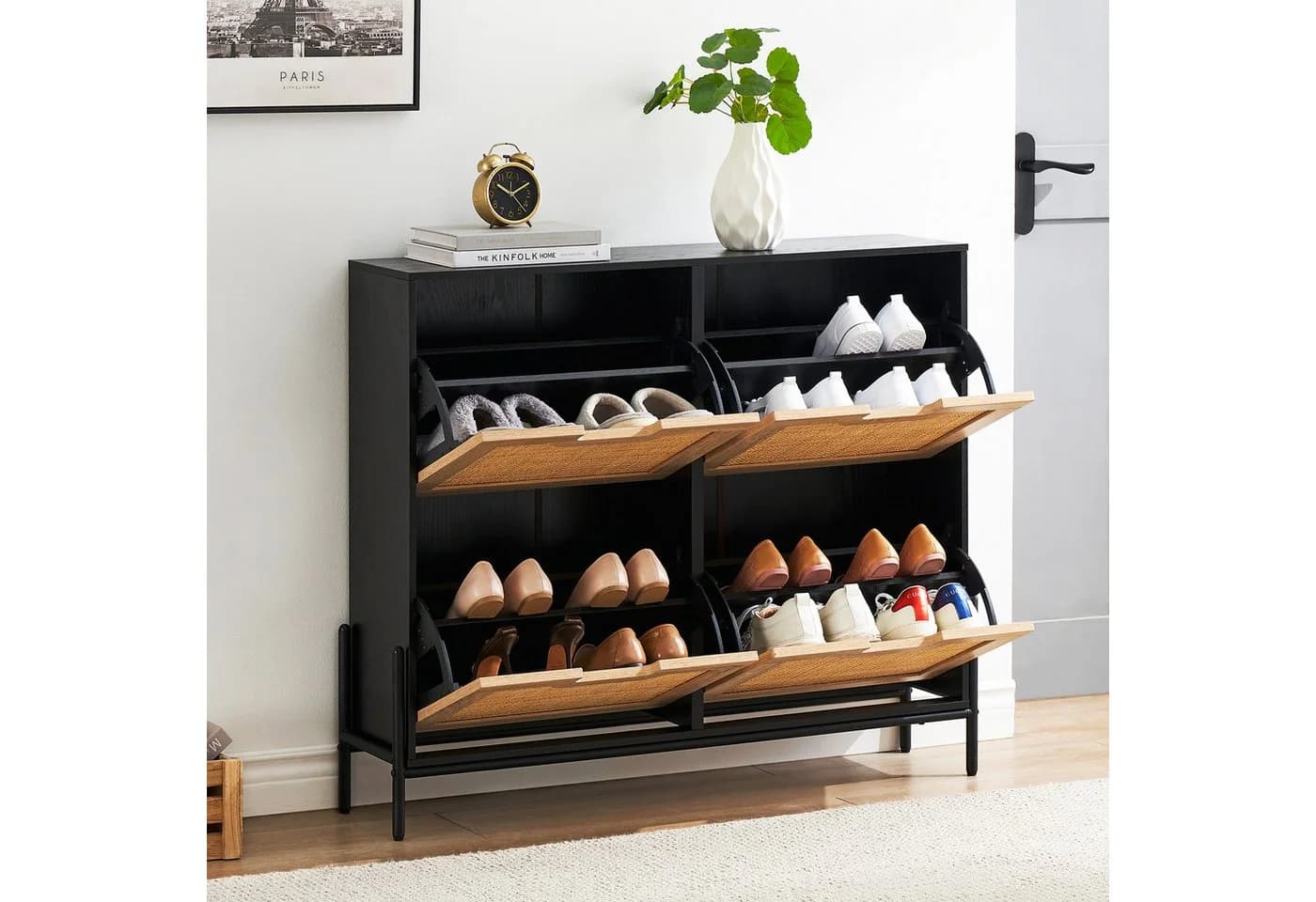 GarveeMore Schuhschrank mit 4 Klappen und 8 Ablageflächen Schwarz