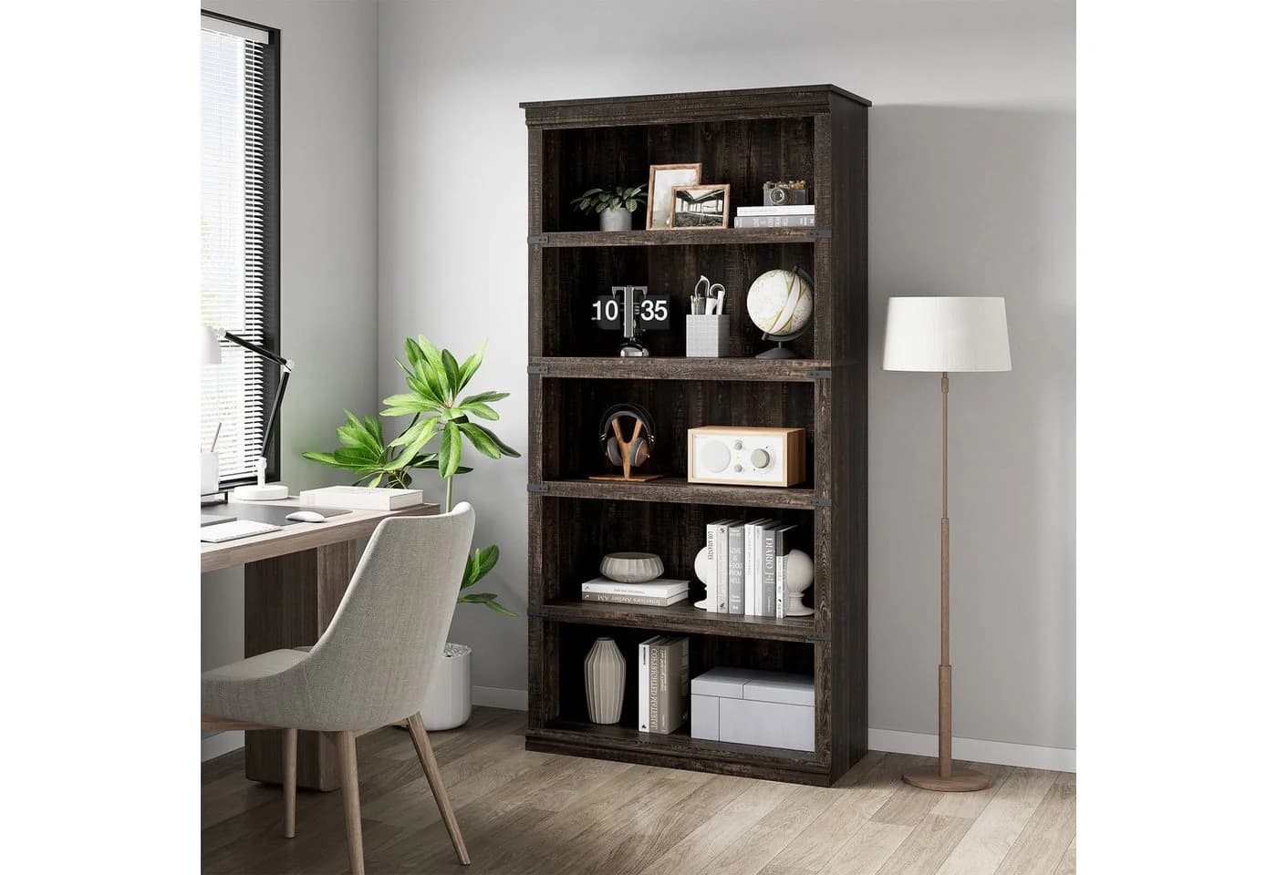 GarveeMore Bücherregal 5 Etagen Holz Bücherregal mit Stauraum für Home Office, Wohnzimmer, Schlafzimmer