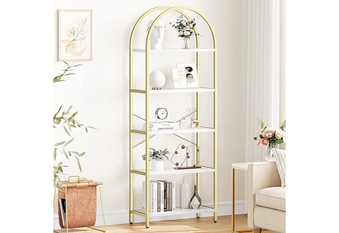 GarveeMore Bücherregal, Standregal mit 5 Ebenen, aus Metall und Marmor, 180x60x28cm