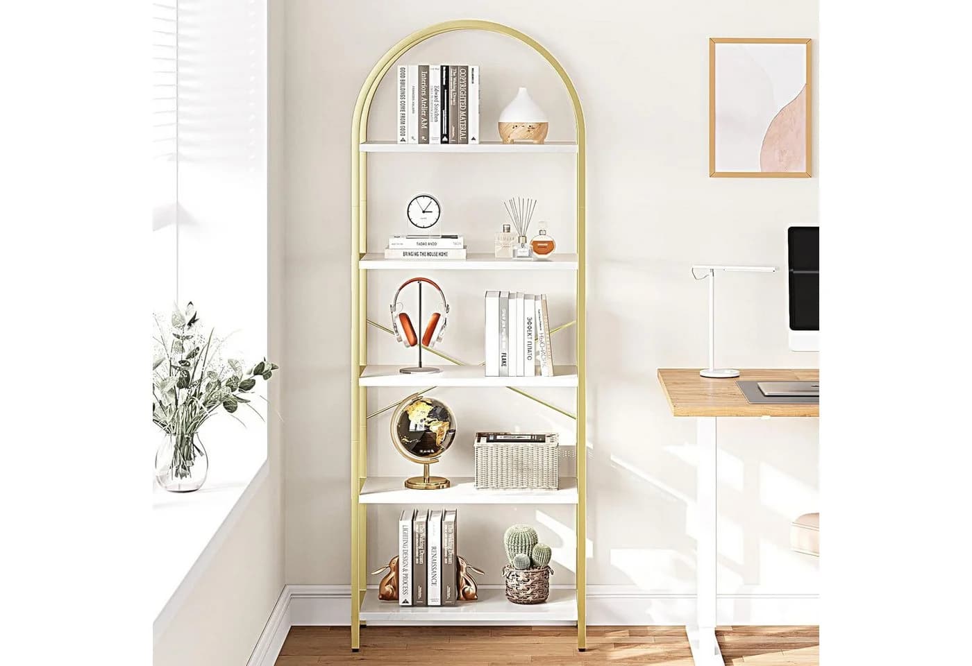GarveeMore Bücherregal, Standregal mit 5 Ebenen, aus Metall und Marmor, 180x60x28cm - Bild 2