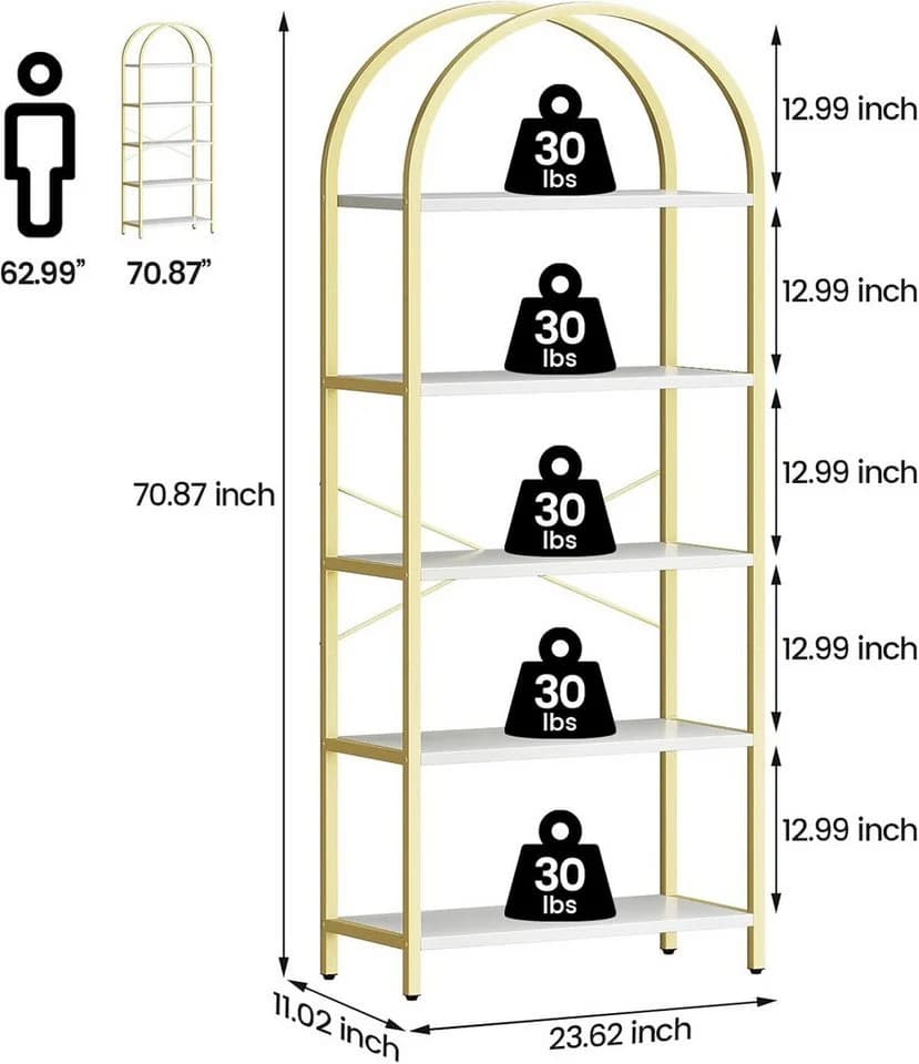 GarveeMore Bücherregal, Standregal mit 5 Ebenen, aus Metall und Marmor, 180x60x28cm - Bild 3