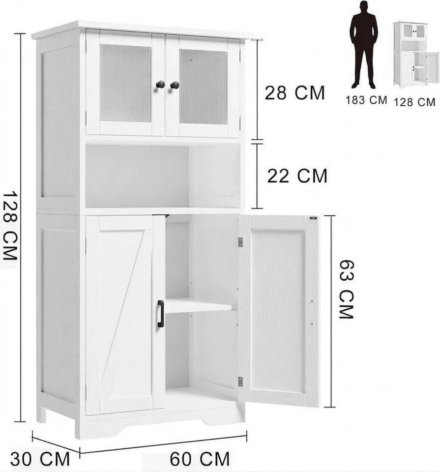 GarveeMore Hochschrank mit 4 Türen, Hochschrank Buffetschrank mit verstellbarem Einlegeboden Vitrinenschrank