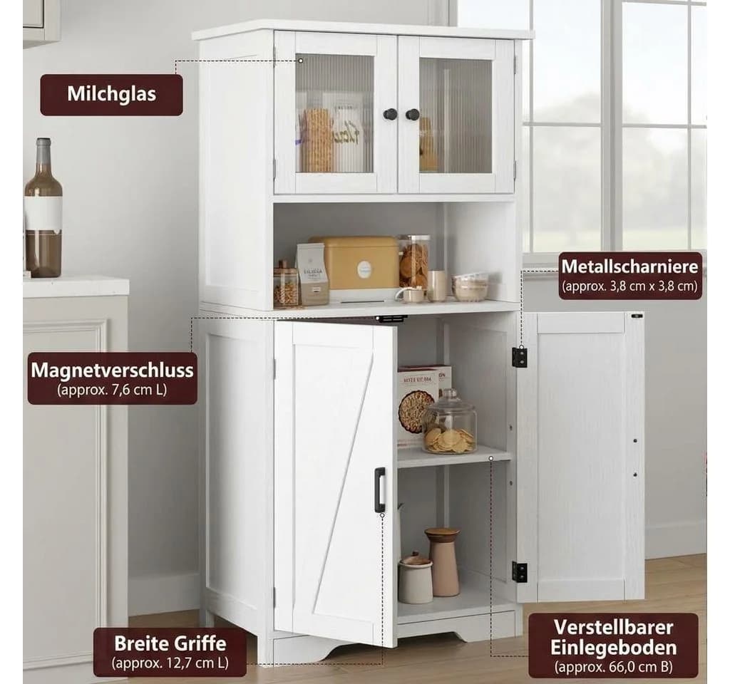 GarveeMore Hochschrank mit 4 Türen, Hochschrank Buffetschrank mit verstellbarem Einlegeboden Vitrinenschrank - Bild 3