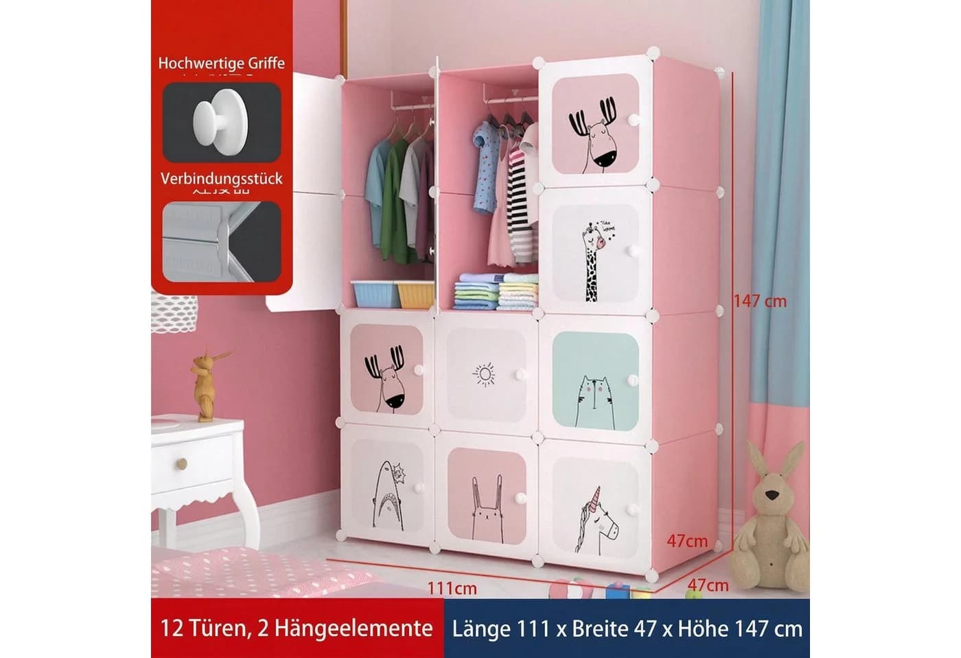 GarveeMore Kinderkleiderschrank Rosa 8 Würfel Kunststoff