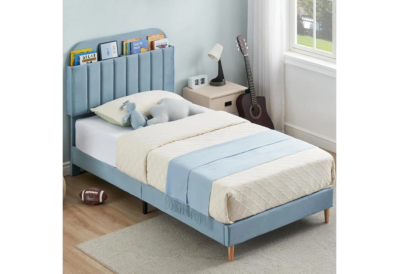 GarveeMore Polsterbett Kinderbett Blau Samtgepolstert mit Bücherregal - Bild 3
