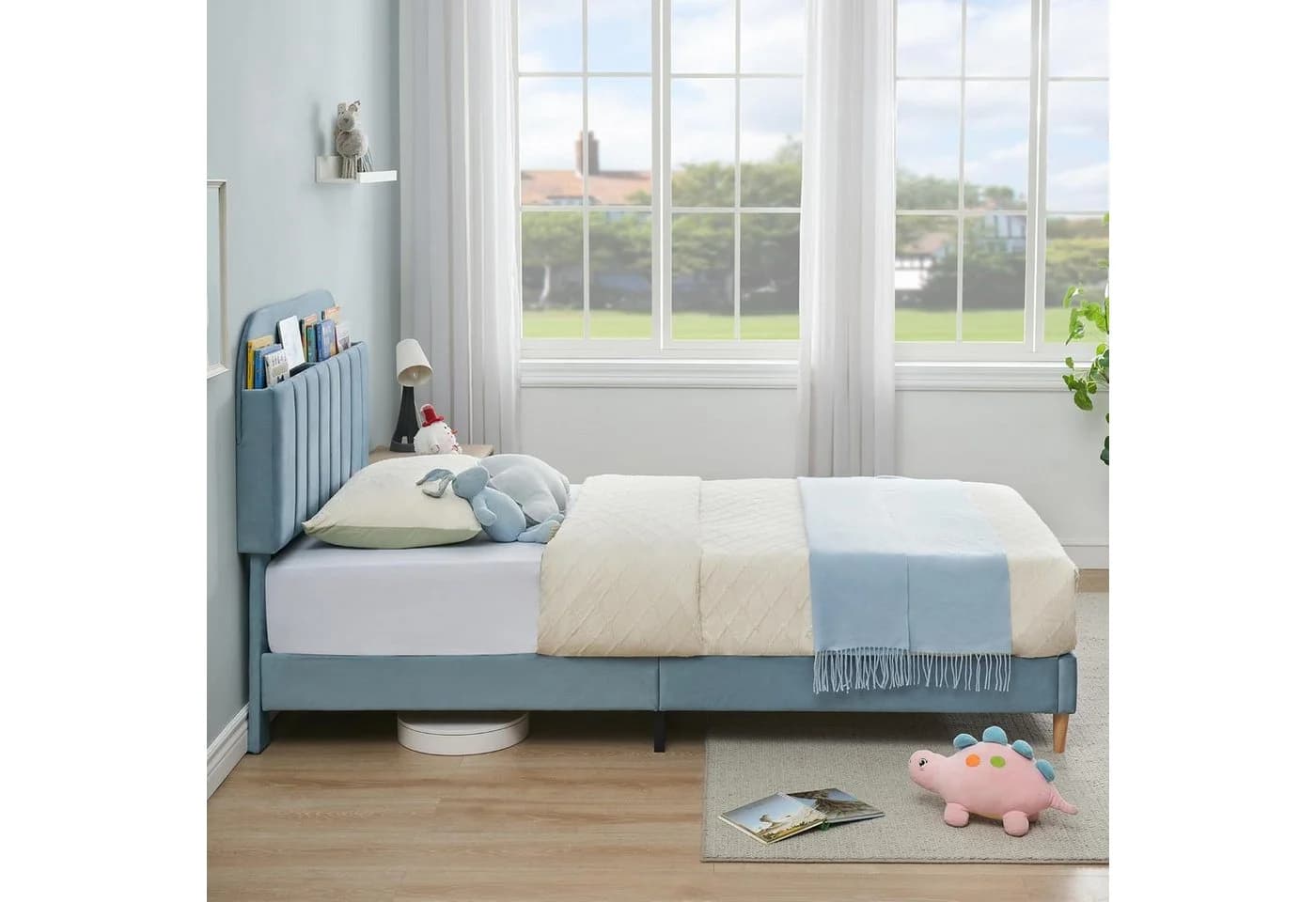 GarveeMore Polsterbett Kinderbett Blau Samtgepolstert mit Bücherregal - Bild 4