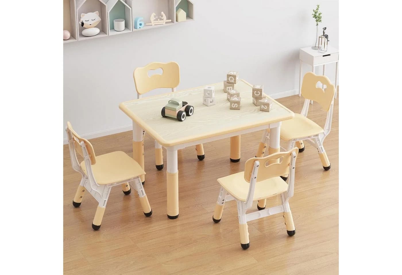 GarveeMore Kindertisch mit 4 Stühlen, 80x60 cm, Höhenverstellbar, Plastik