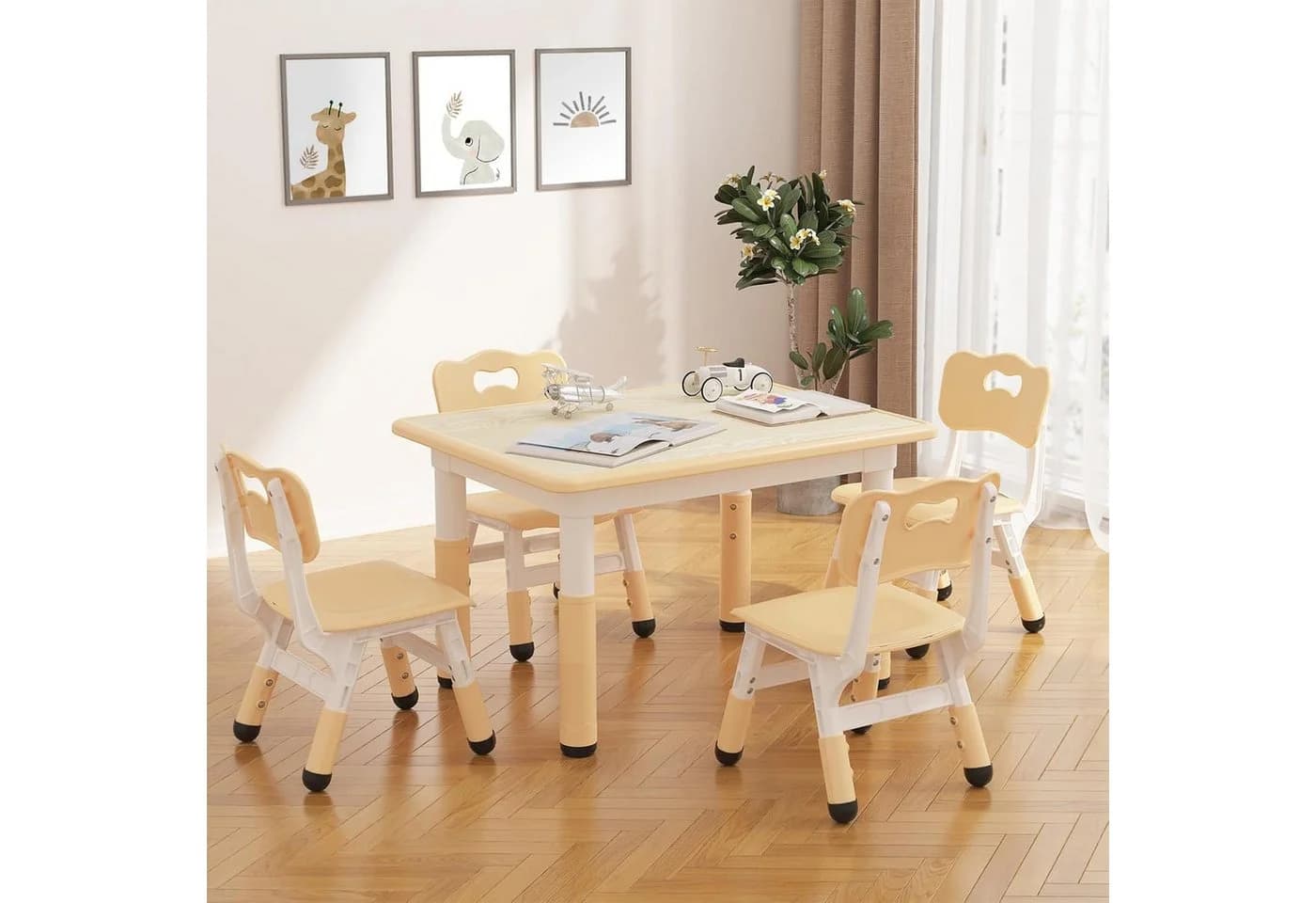 GarveeMore Kindertisch mit 4 Stühlen, 80x60 cm, Höhenverstellbar, Plastik - Bild 2
