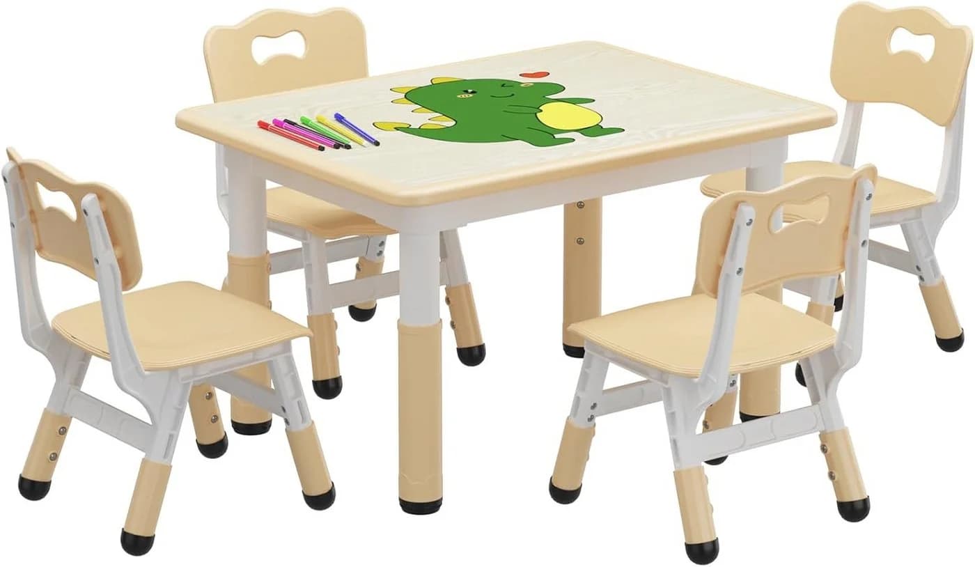 GarveeMore Kindertisch mit 4 Stühlen, 80x60 cm, Höhenverstellbar, Plastik - Bild 3