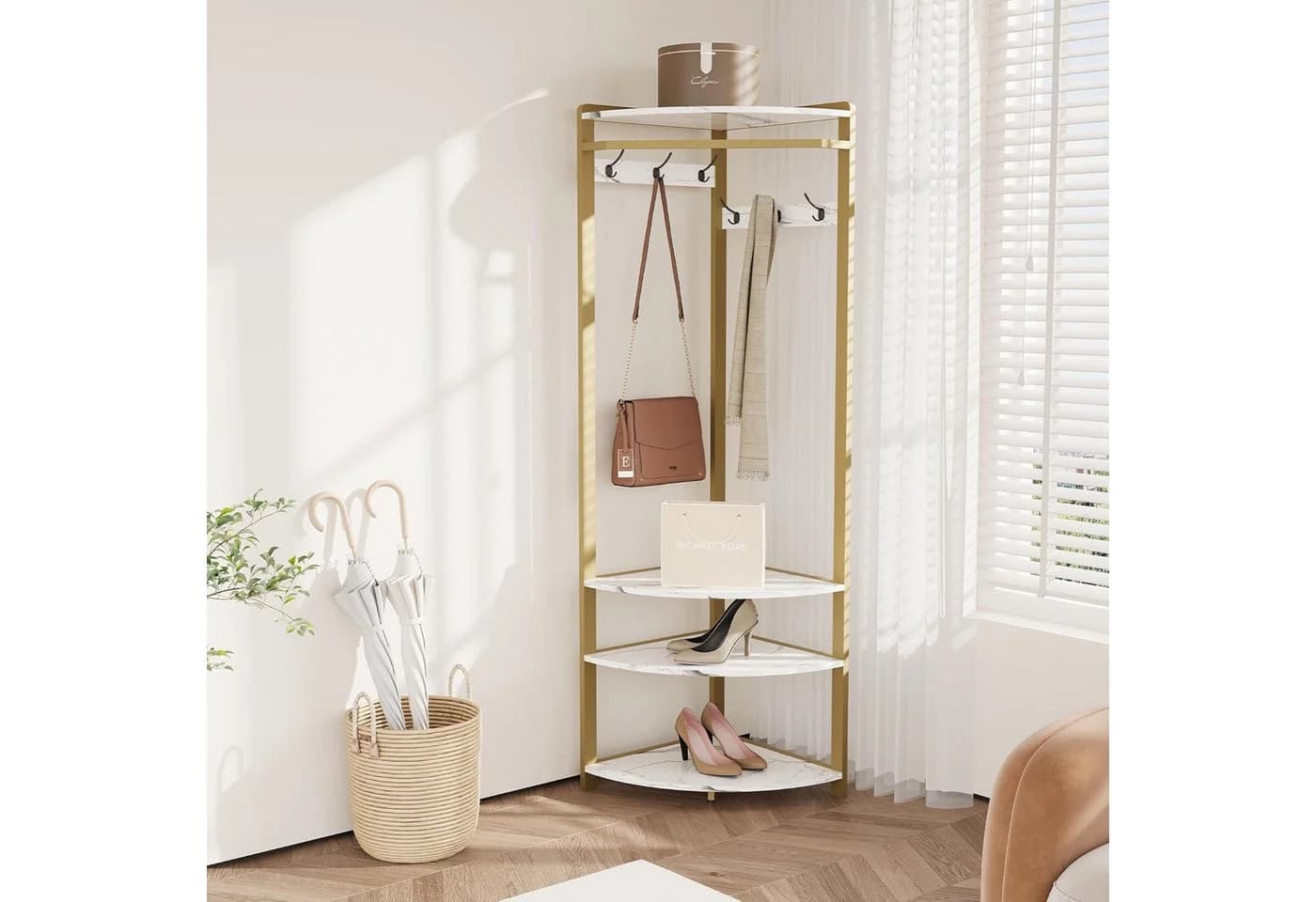 GarveeMore Metall-Eckgarderobe Weiß mit 6 Haken und Schuhregal - Bild 2
