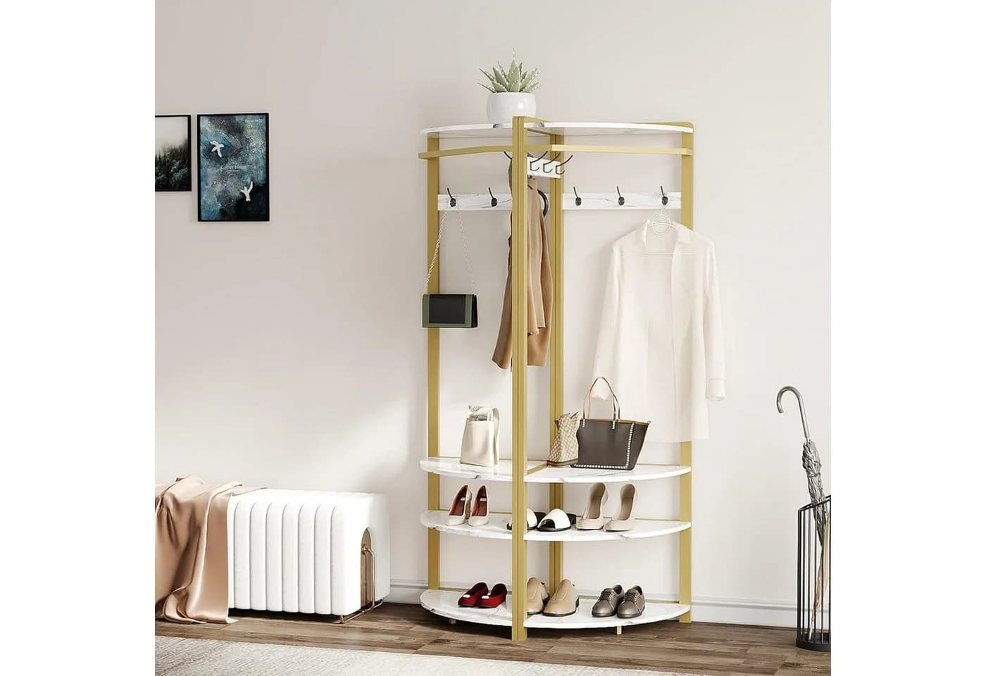GarveeMore Metall-Eckgarderobe Weiß mit 6 Haken und Schuhregal - Bild 3
