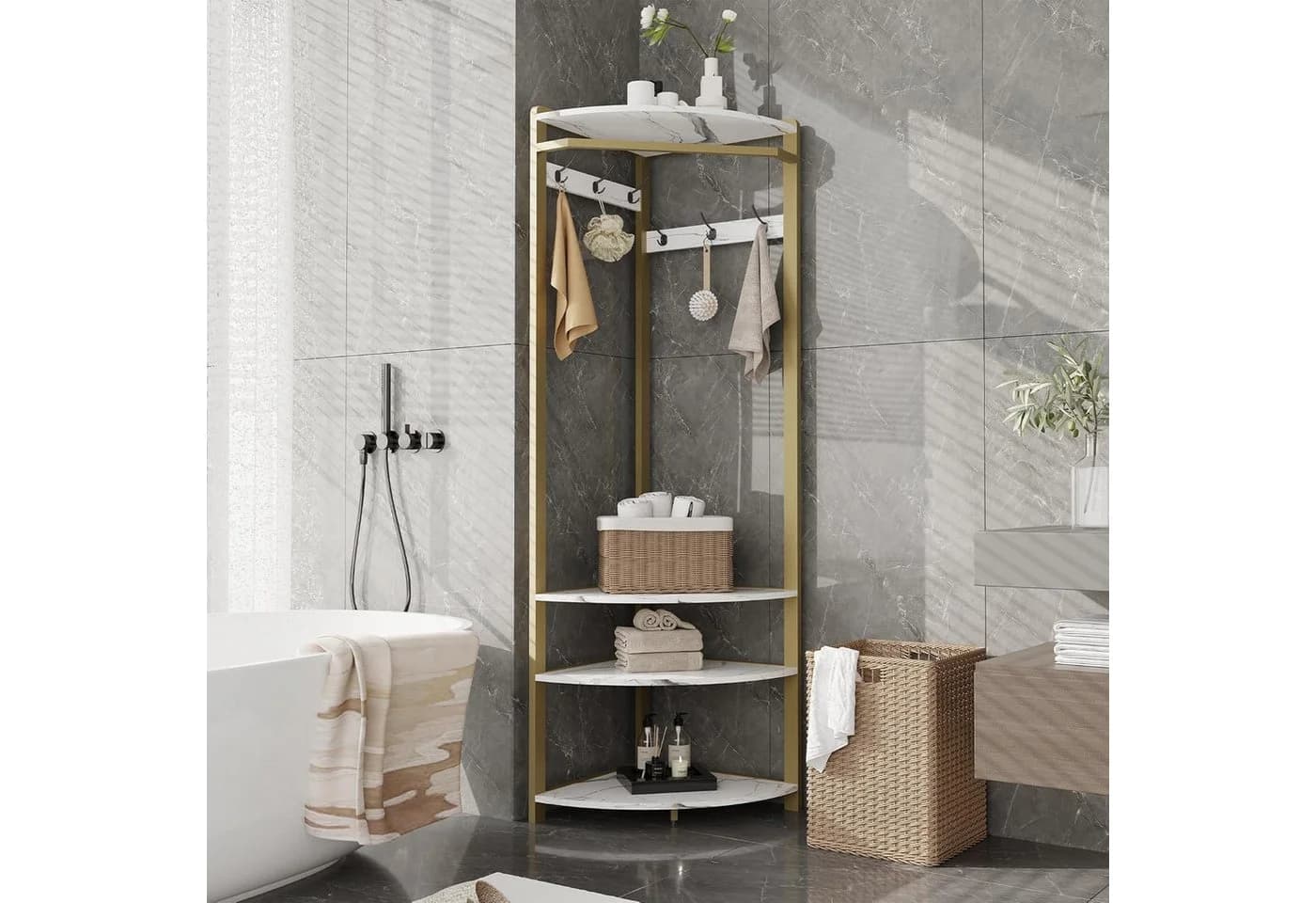 GarveeMore Metall-Eckgarderobe Weiß mit 6 Haken und Schuhregal - Bild 4
