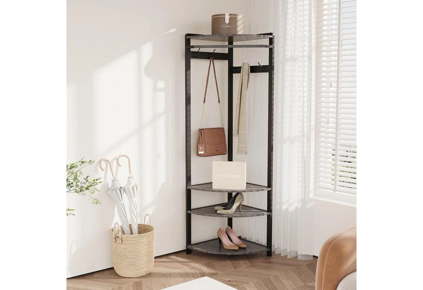 GarveeMore Metall-Eckgarderobe Grau mit 6 Haken & Schuhregal - Bild 2