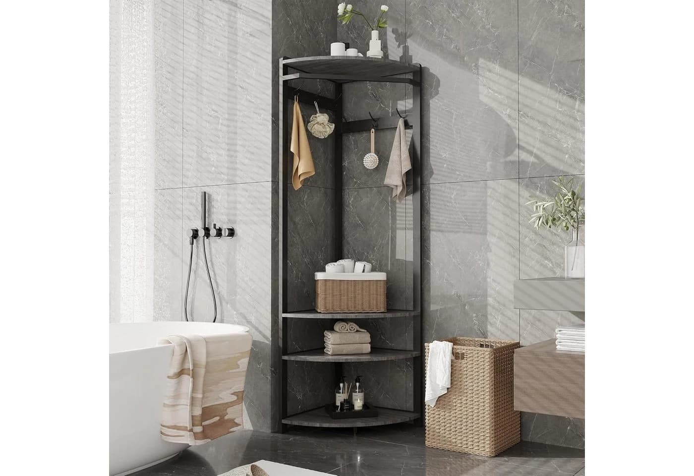 GarveeMore Metall-Eckgarderobe Grau mit 6 Haken & Schuhregal - Bild 3