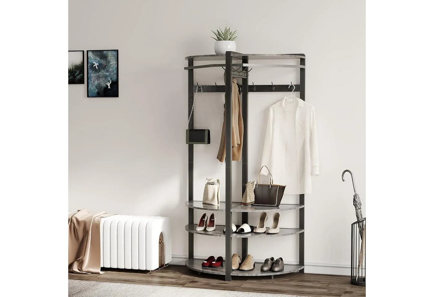 GarveeMore Metall-Eckgarderobe Grau mit 6 Haken & Schuhregal - Bild 4