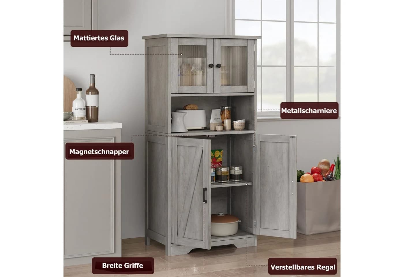 GarveeMore Hochschrank 128cm mit 4 Türen und verstellbaren Böden