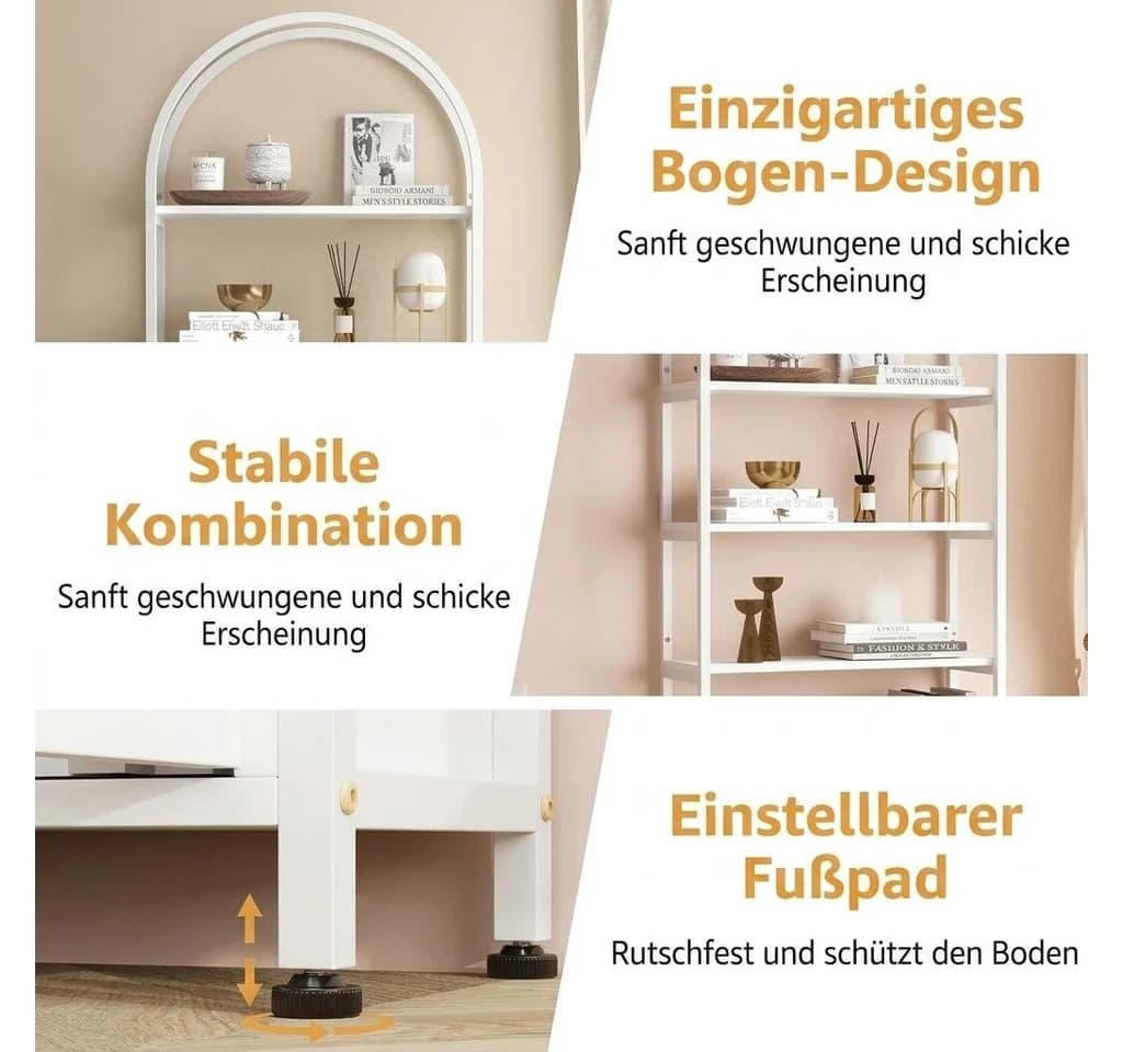 GarveeMore Bücherregal Gewölbt Weiß 181cm 4 Regale Metallrahmen