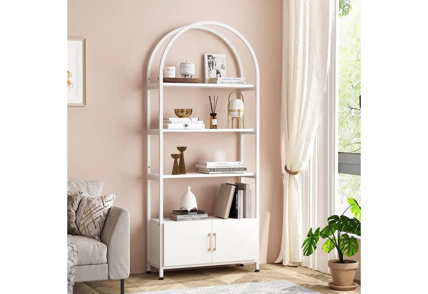 GarveeMore Bücherregal Gewölbt Weiß 181cm 4 Regale Metallrahmen - Bild 2