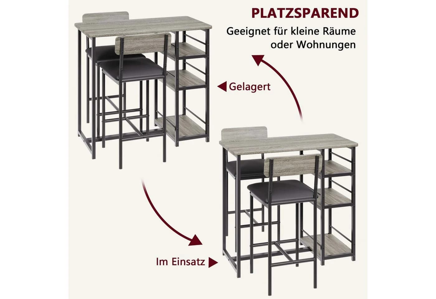 GarveeMore Essgruppe Bartisch mit 2 Stühlen Grau Industriell - Bild 3