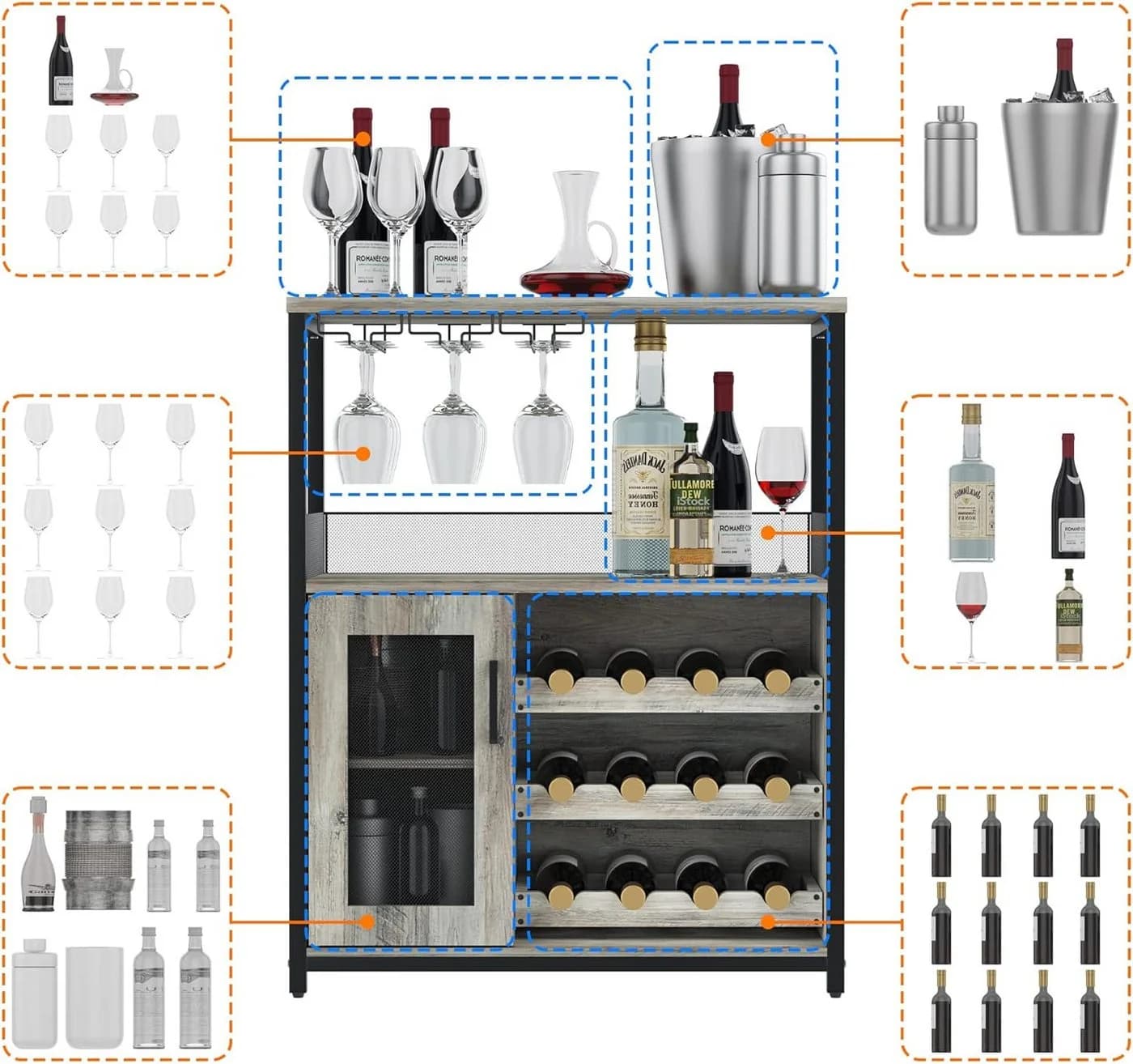 GarveeMore Weinschrank mit Glashalter und Netztür, industrielles Sideboard - Bild 4