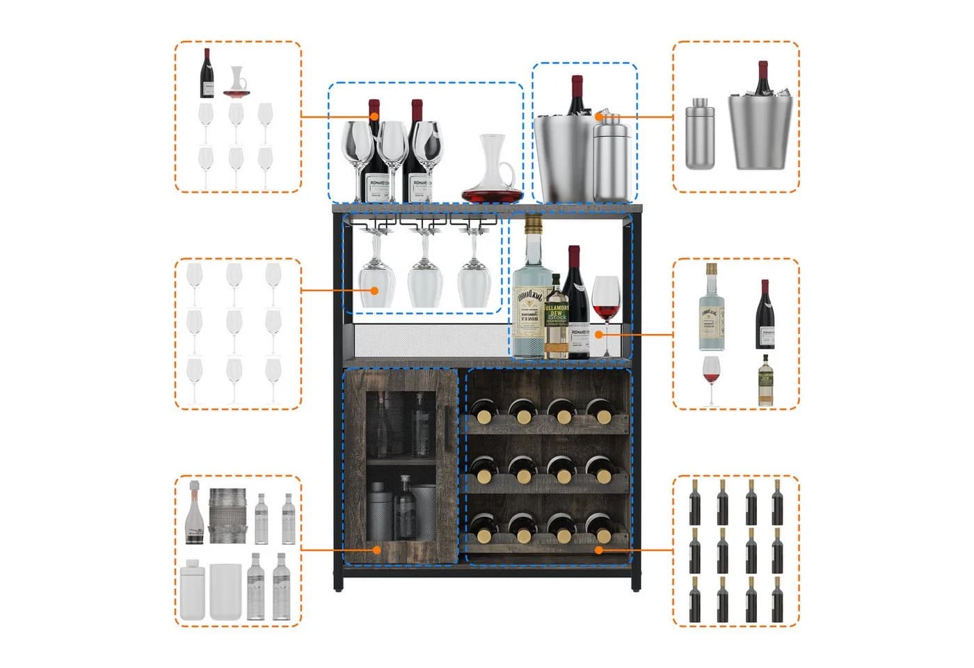 GarveeMore Weinschrank mit Glashalter und Netztür, industrielles Sideboard - Bild 4