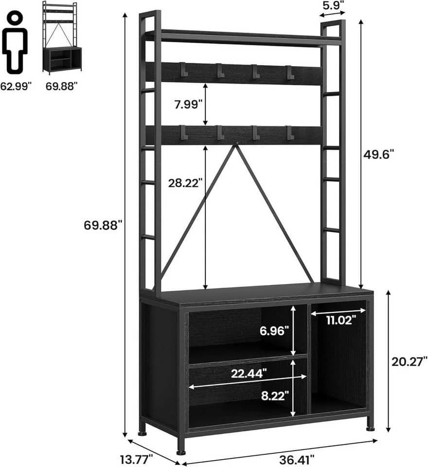 GarveeMore Garderobenständer 5-in-1 mit Schuhbank, 3 Etagen Ablage und 8 Haken, 178 cm, braun