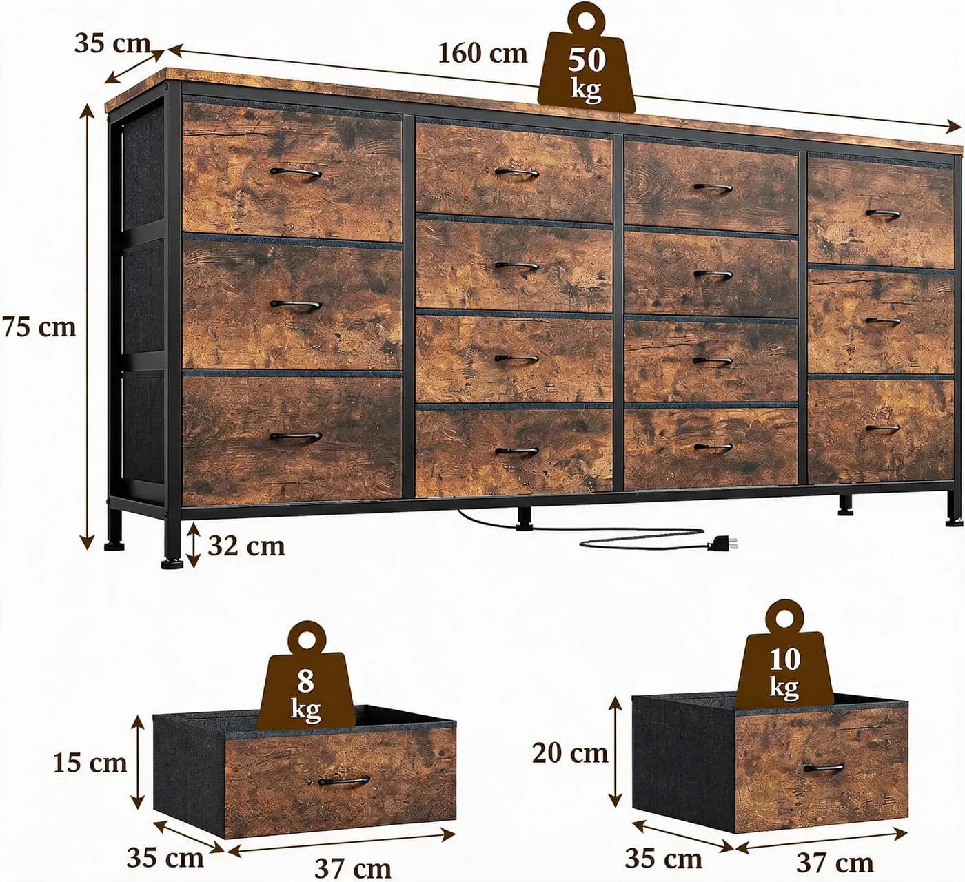 GarveeMore TV-Bank 160cm mit 14 Schubladen und Steckdosen