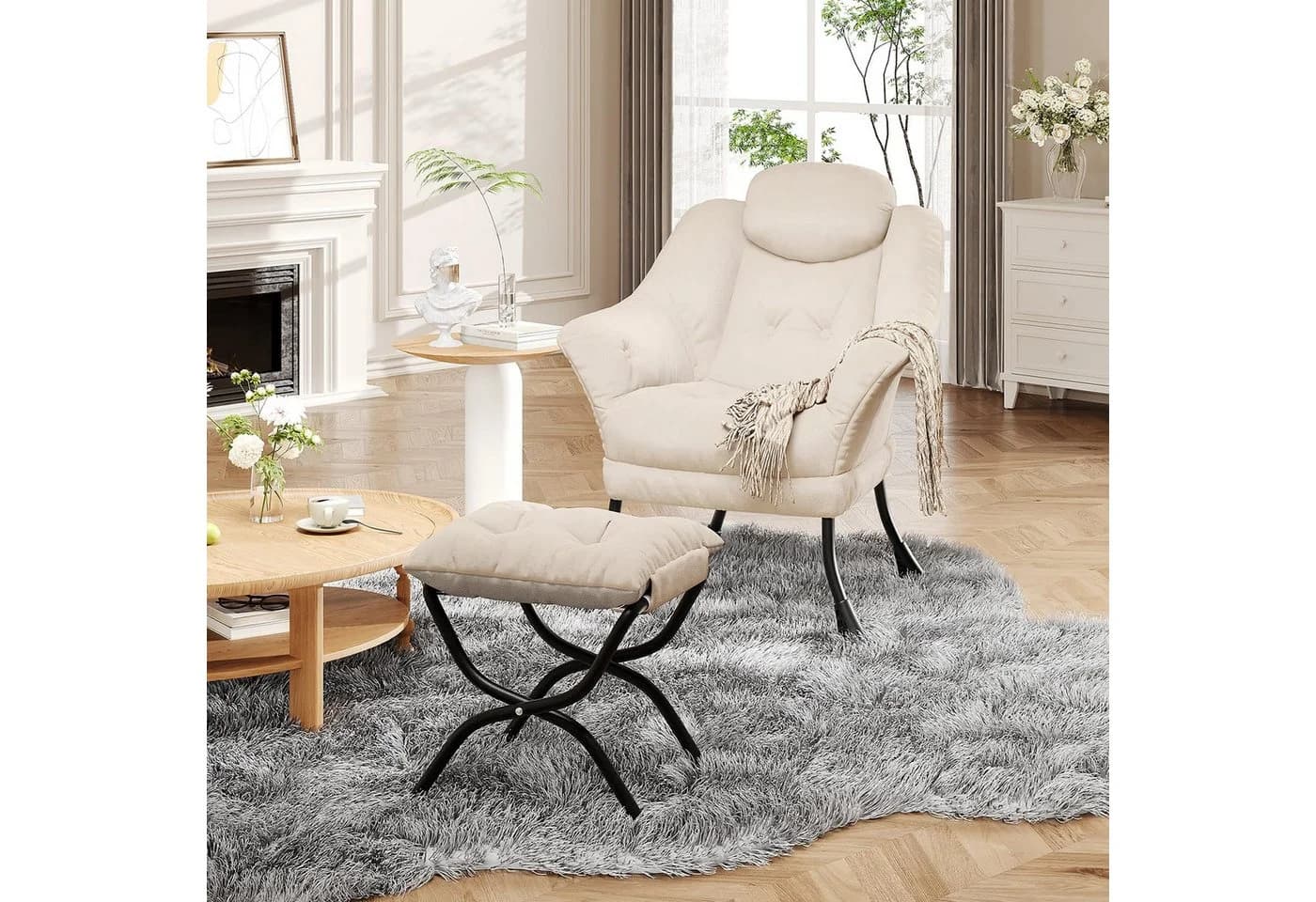 GarveeMore Ohrensessel Relaxsessel mit Hocker Beige