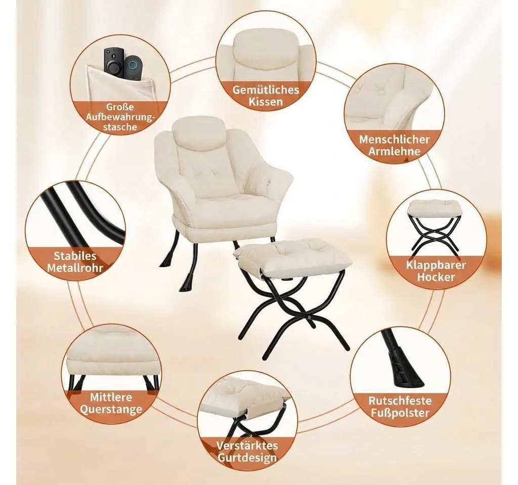GarveeMore Ohrensessel Relaxsessel mit Hocker Beige - Bild 4