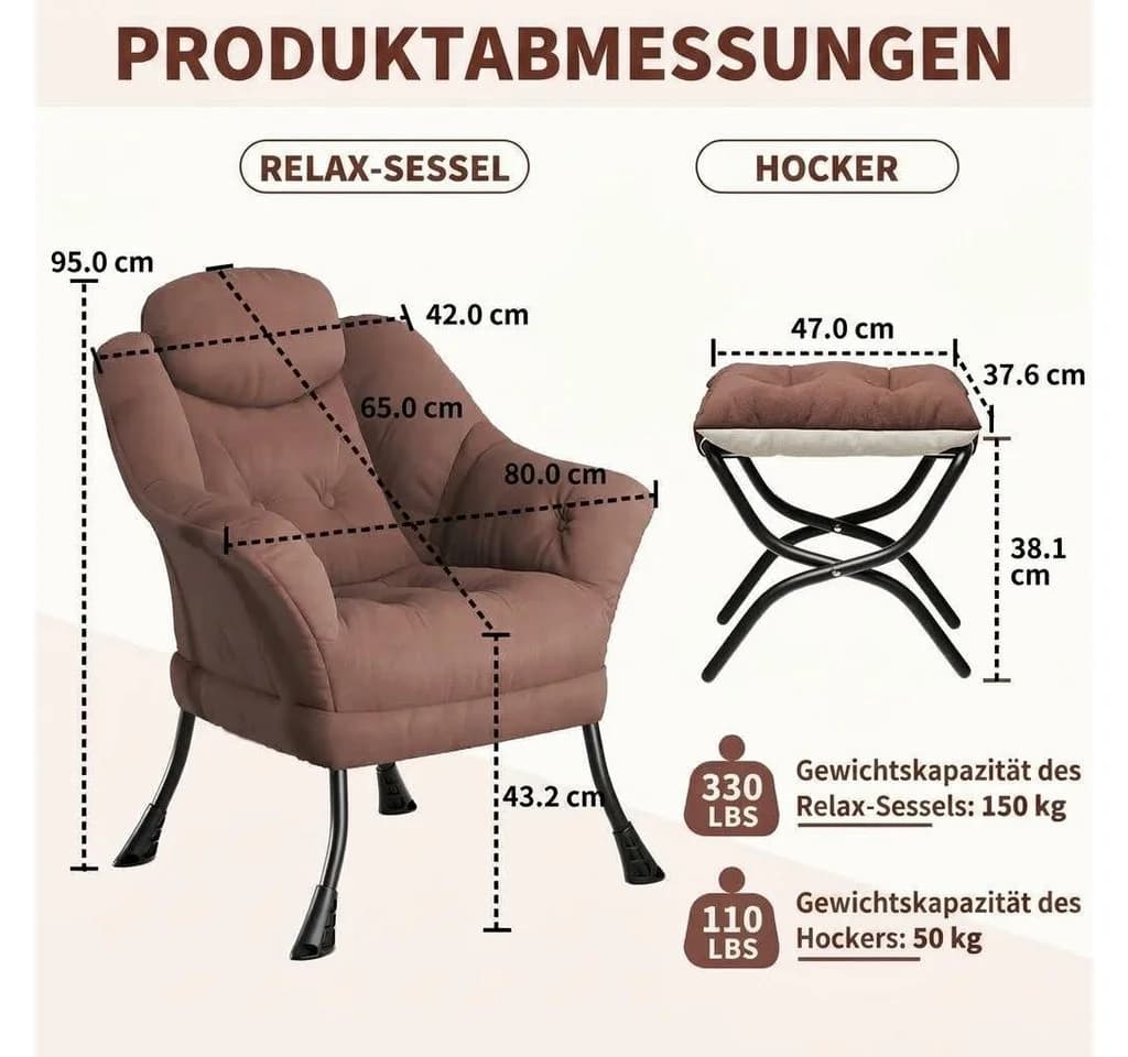 GarveeMore Ohrensessel Relaxsessel mit Hocker Braun - Bild 3