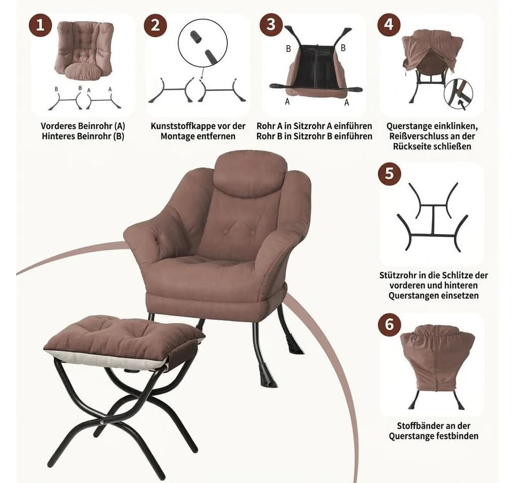 GarveeMore Ohrensessel Relaxsessel mit Hocker Braun - Bild 5