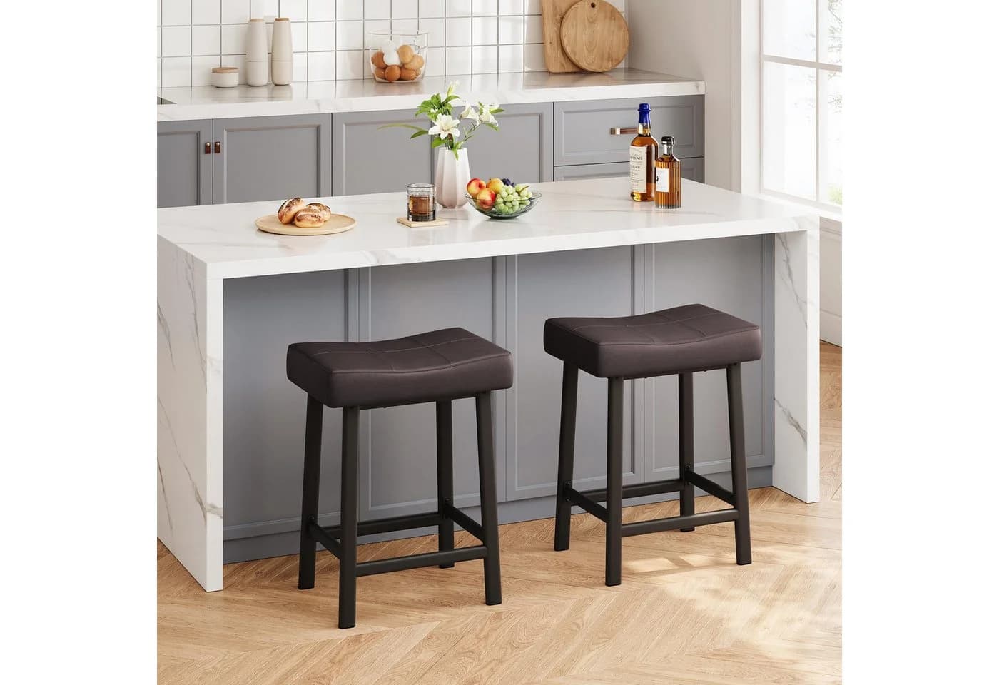 GarveeMore Barhocker 2er Set Braun PU-Leder Metallgestell