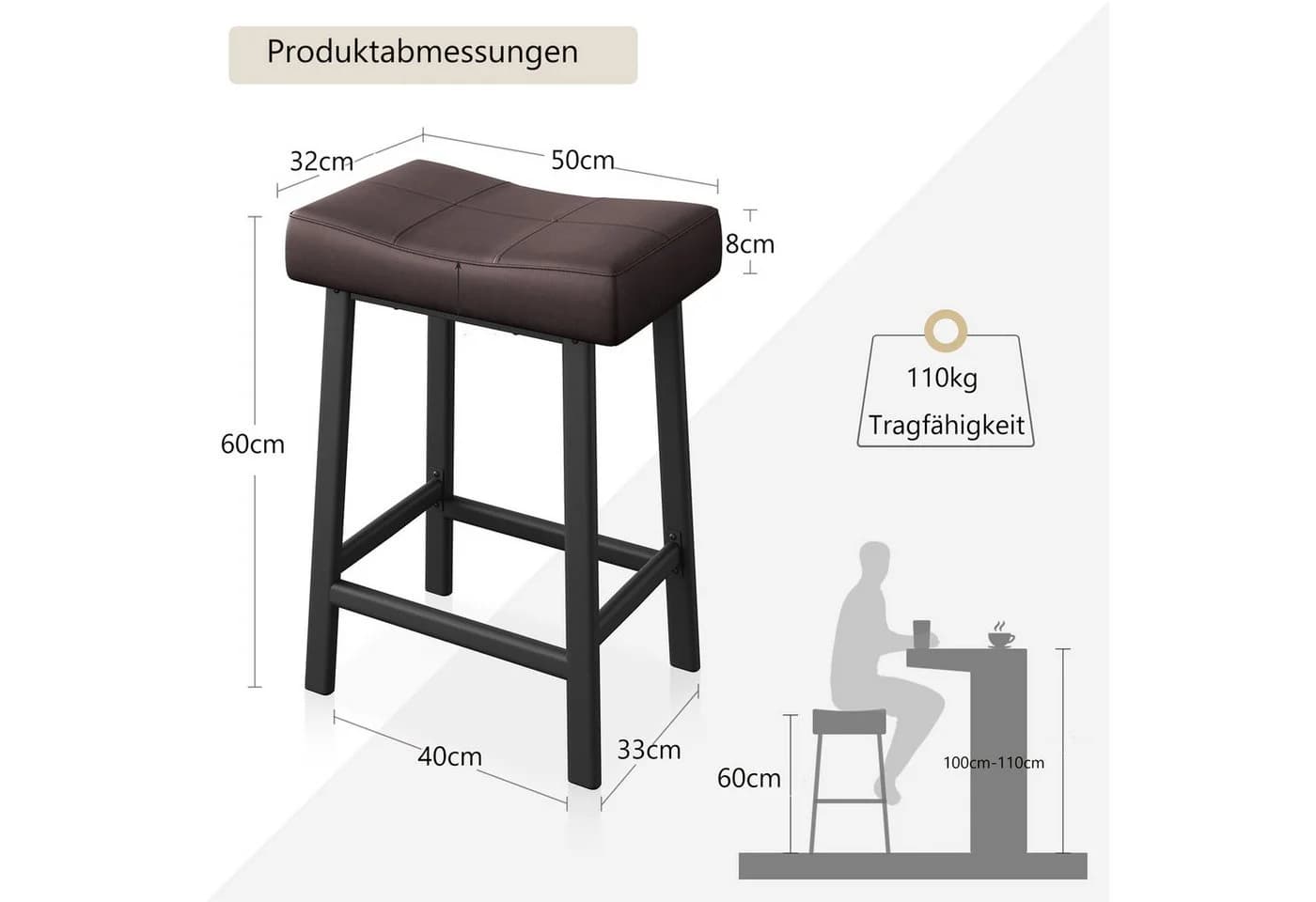 GarveeMore Barhocker 2er Set Braun PU-Leder Metallgestell - Bild 3