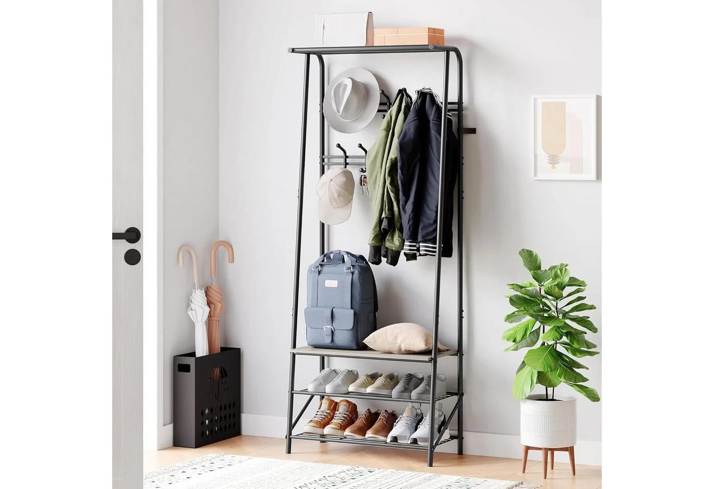 GarveeMore Garderobenständer Grau 4-in-1 mit Schuhbank