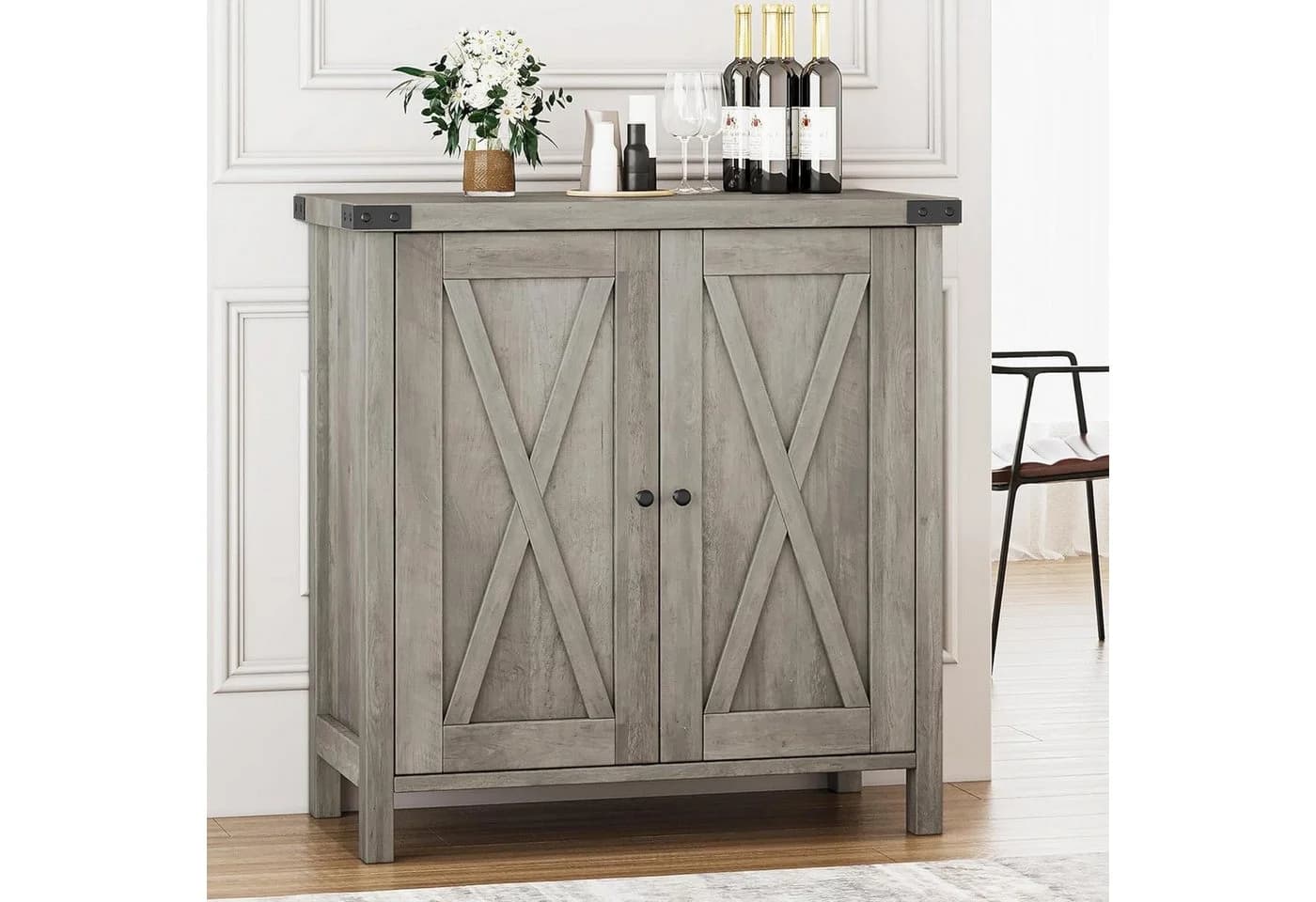 GarveeMore Buffet Sideboard 2 Türen Weiß Grau Landhausstil - Bild 2