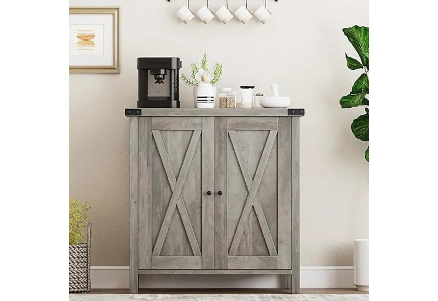 GarveeMore Buffet Sideboard 2 Türen Weiß Grau Landhausstil - Bild 5