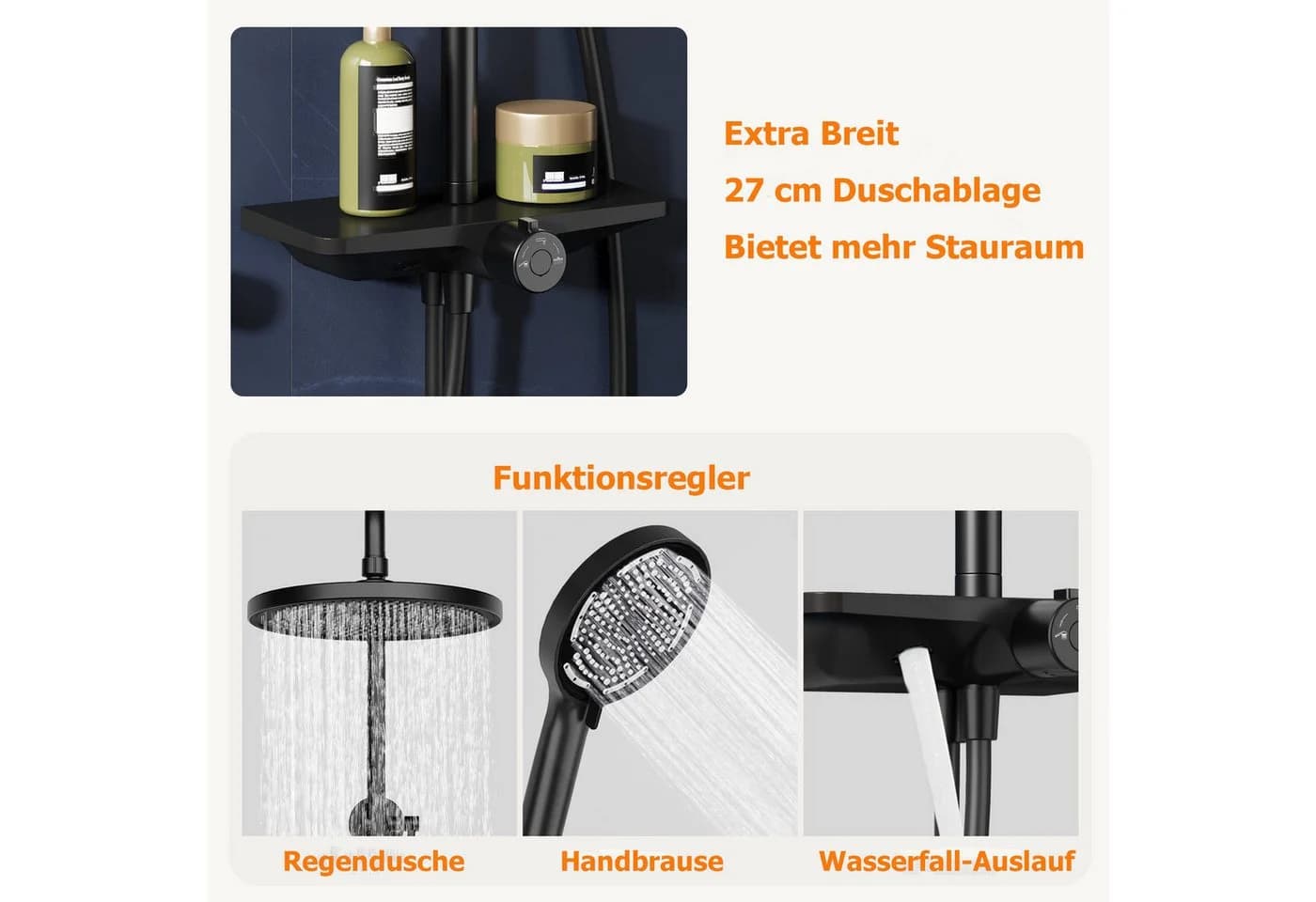 GarveeMore Regendusche Duschsystem mit Ablage 3-Funktion höhenverstellbar XXL Überkopfbrause - Bild 4