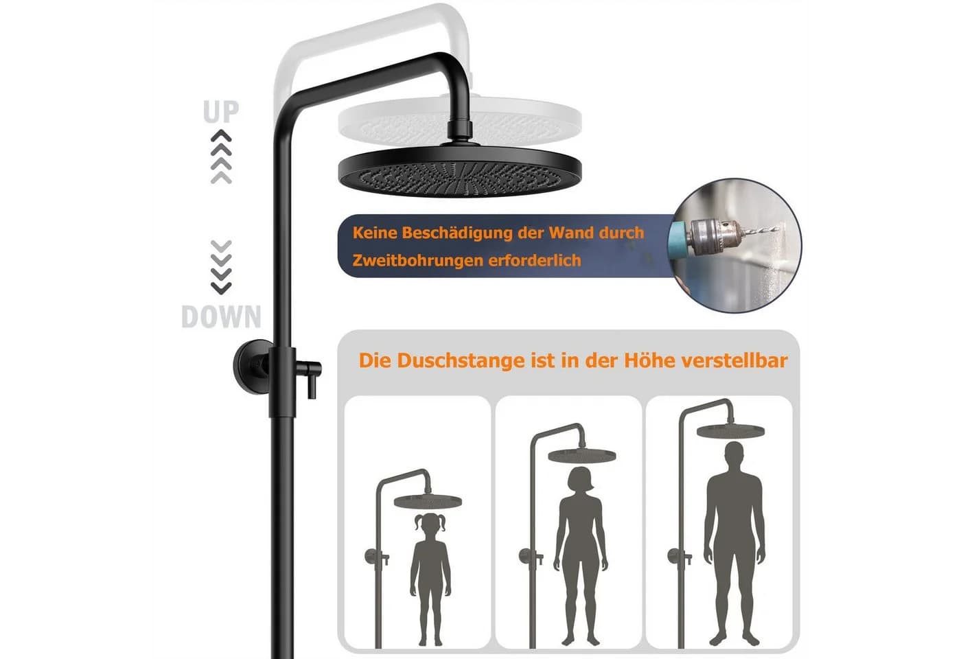 GarveeMore Regendusche Duschsystem mit Ablage 3-Funktion höhenverstellbar XXL Überkopfbrause - Bild 5