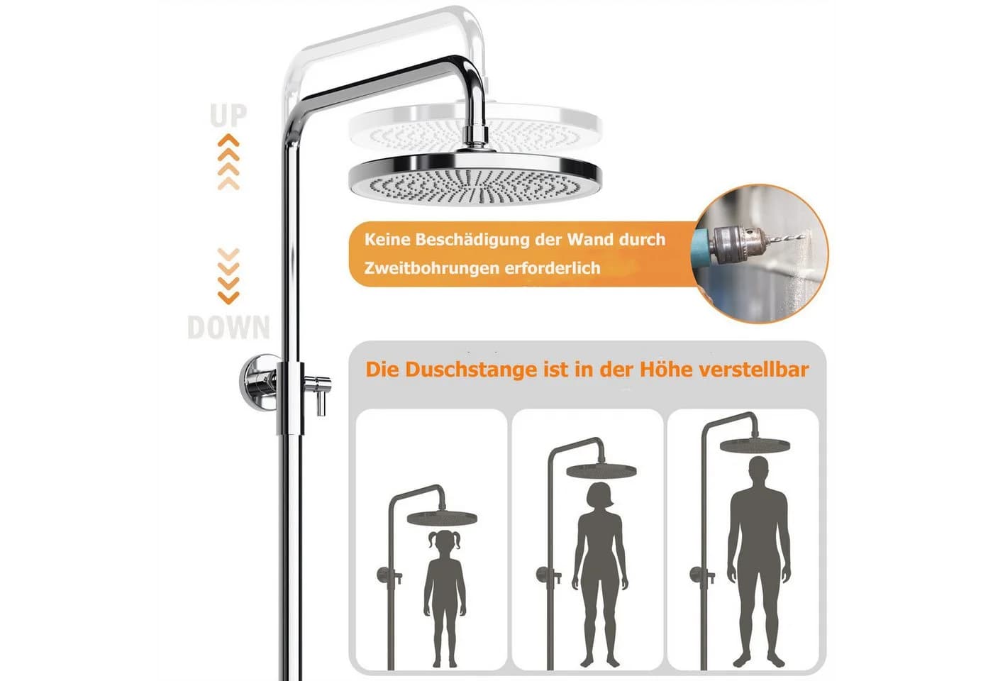 GarveeMore Regendusche Duschsystem XXL Überkopfbrause 25cm Handbrause 3-Funktionen - Bild 5