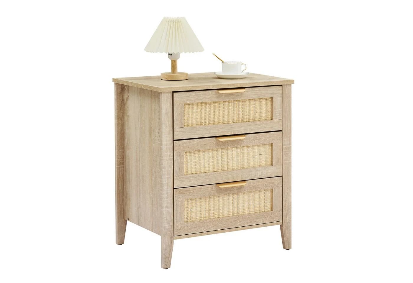 GarveeMore Nachttisch mit 3 Schubladen Rattan Eichenoptik Beige - Bild 2