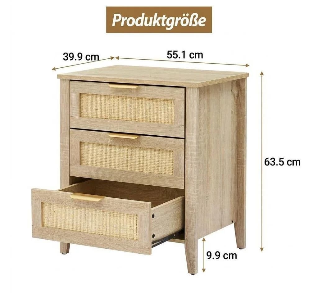 GarveeMore Nachttisch mit 3 Schubladen Rattan Eichenoptik Beige - Bild 3