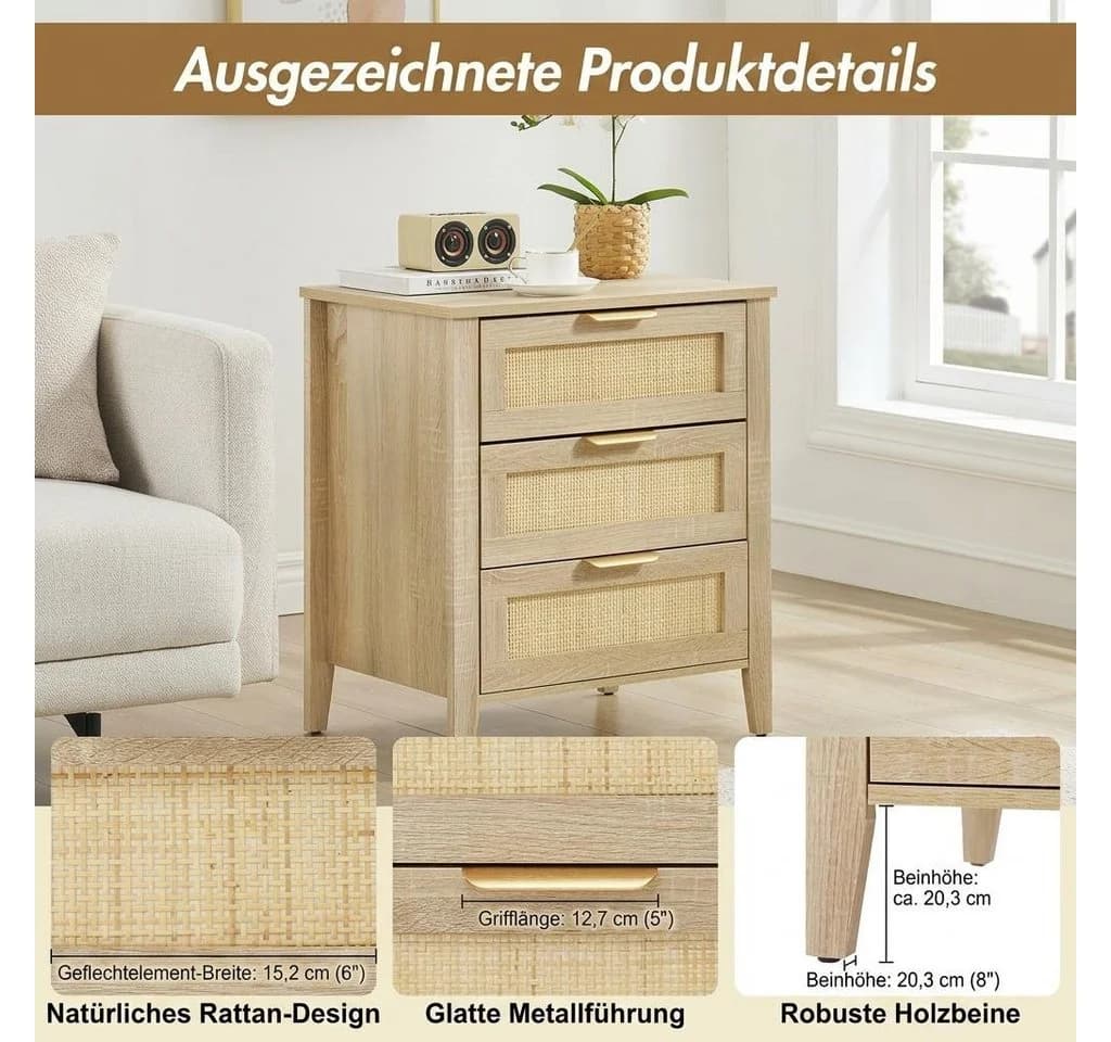 GarveeMore Nachttisch mit 3 Schubladen Rattan Eichenoptik Beige - Bild 4