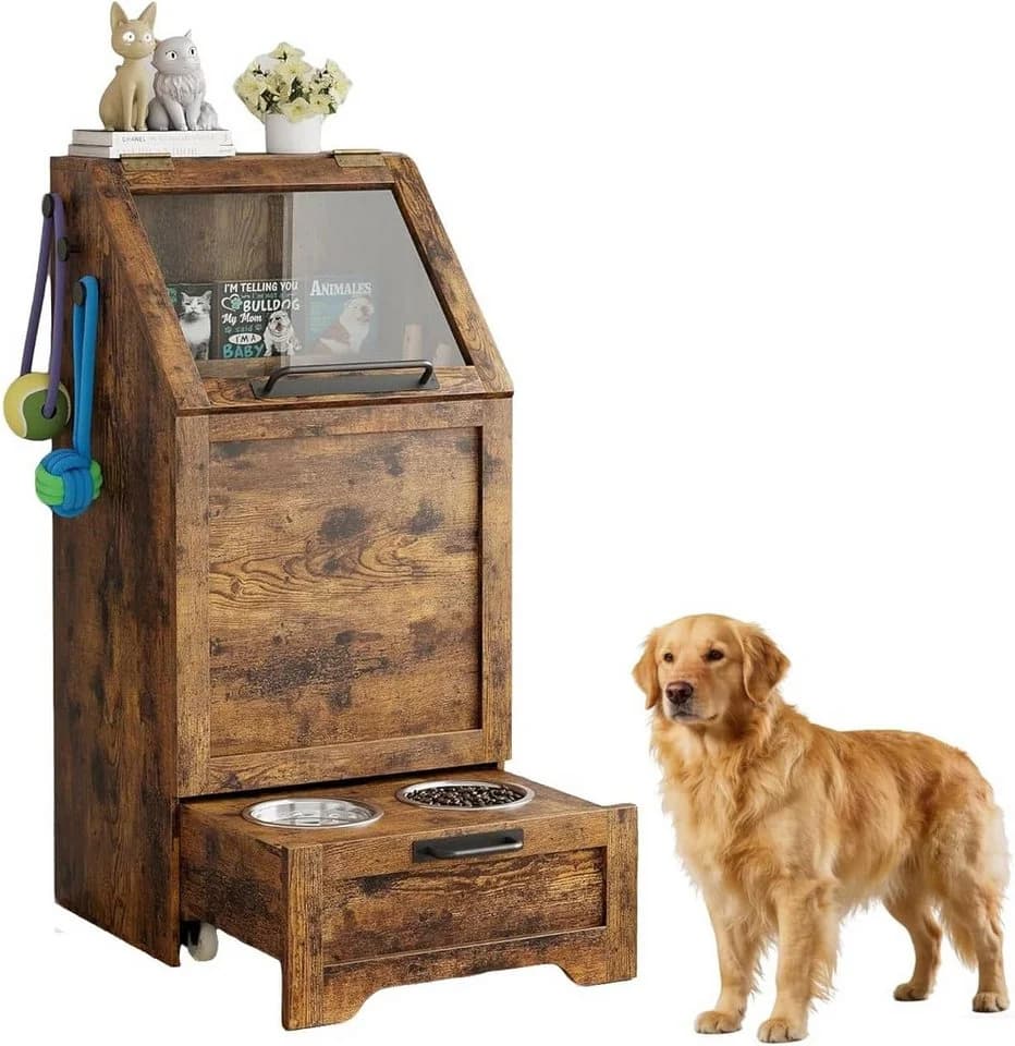 GarveeMore Futterstation Futterschrank Hunde mit 2 Edelstahlnäpfen Braun - Bild 2